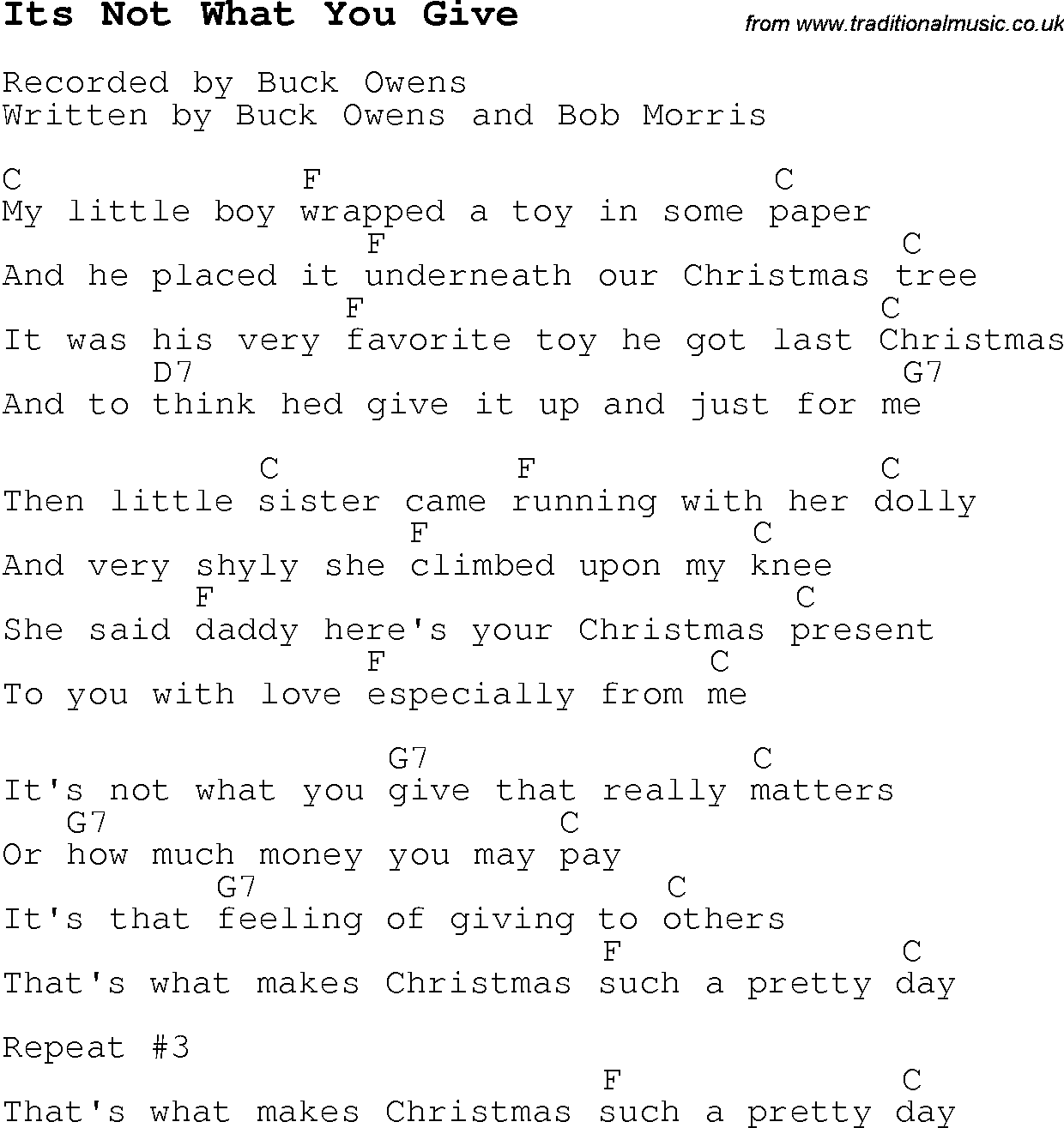 Christmas Songs and Carols, lyrics with chords for guitar banjo for Its Not What You Give
