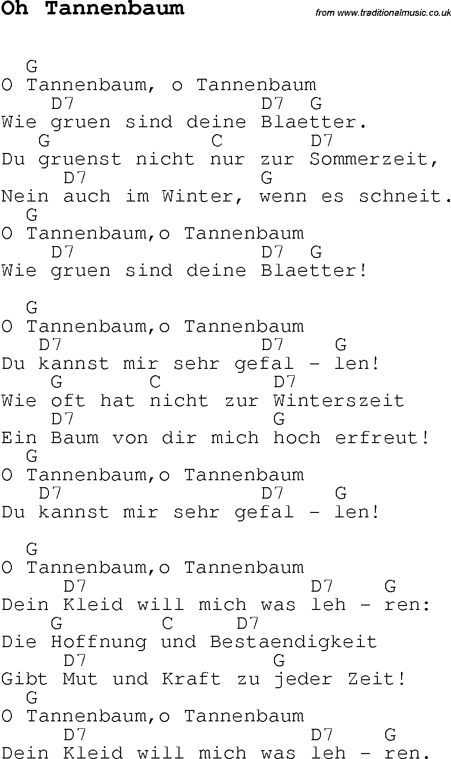 Christmas Songs and Carols, lyrics with chords for guitar banjo for Oh Tannenbaum