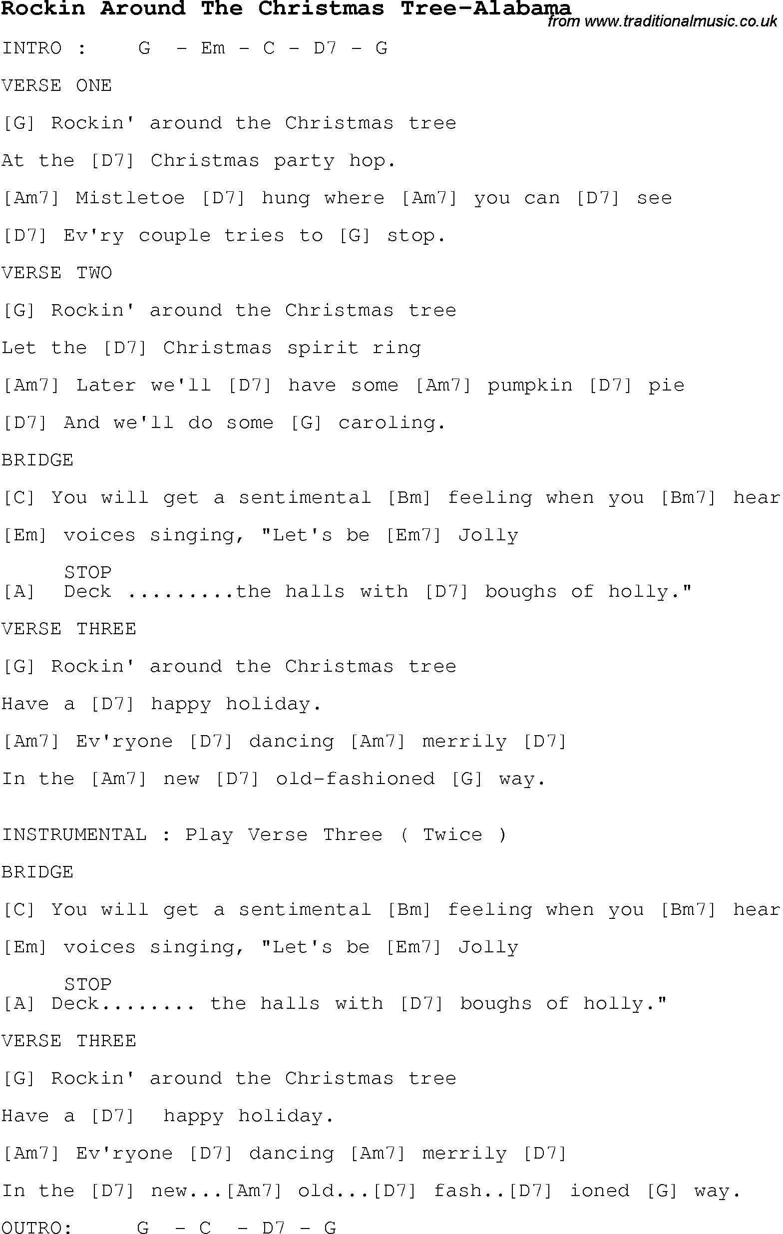 Christmas Songs and Carols, lyrics with chords for guitar banjo for Rockin Around The Christmas Tree-Alabama