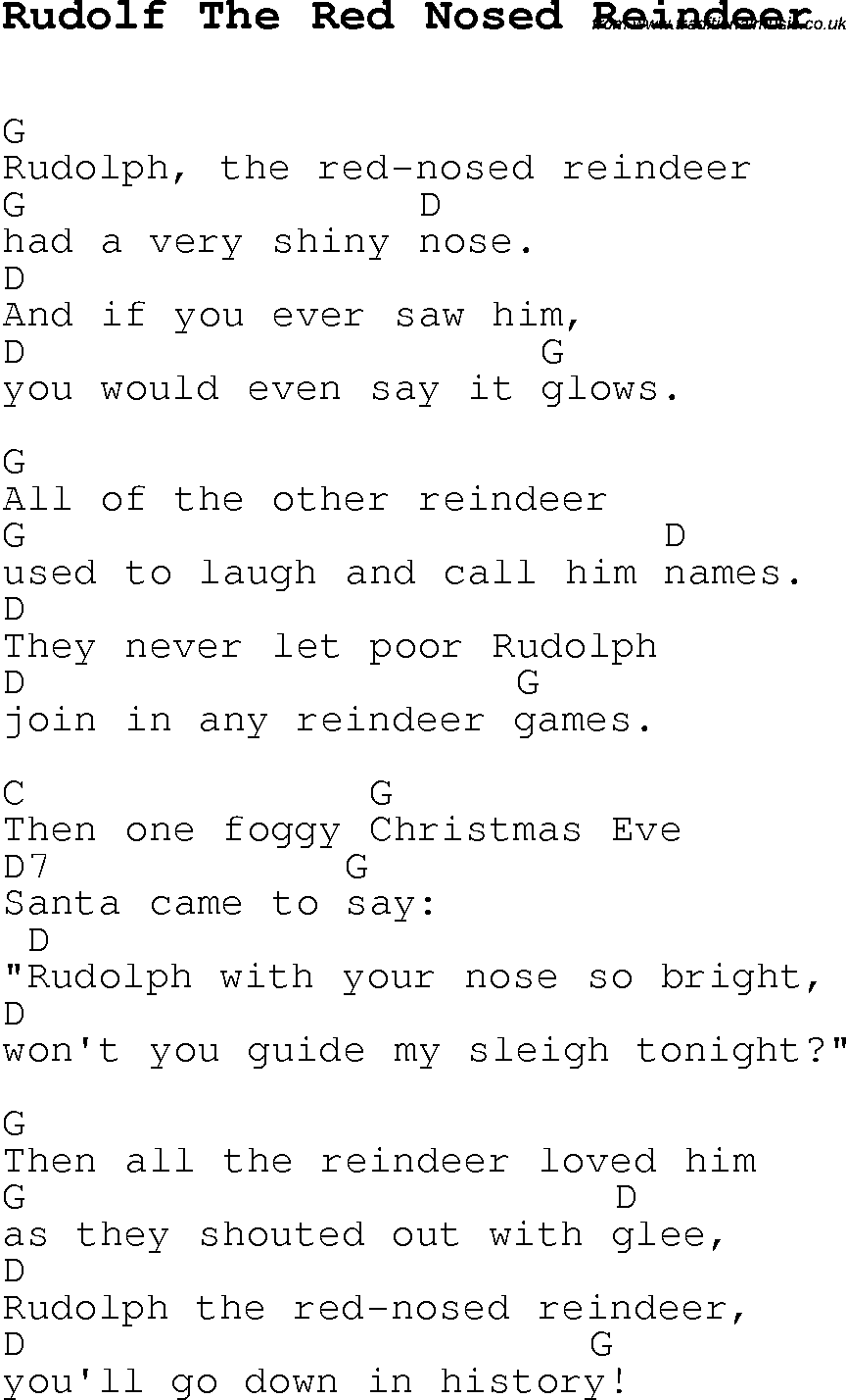 Christmas Songs and Carols, lyrics with chords for guitar banjo for Rudolf The Red Nosed Reindeer
