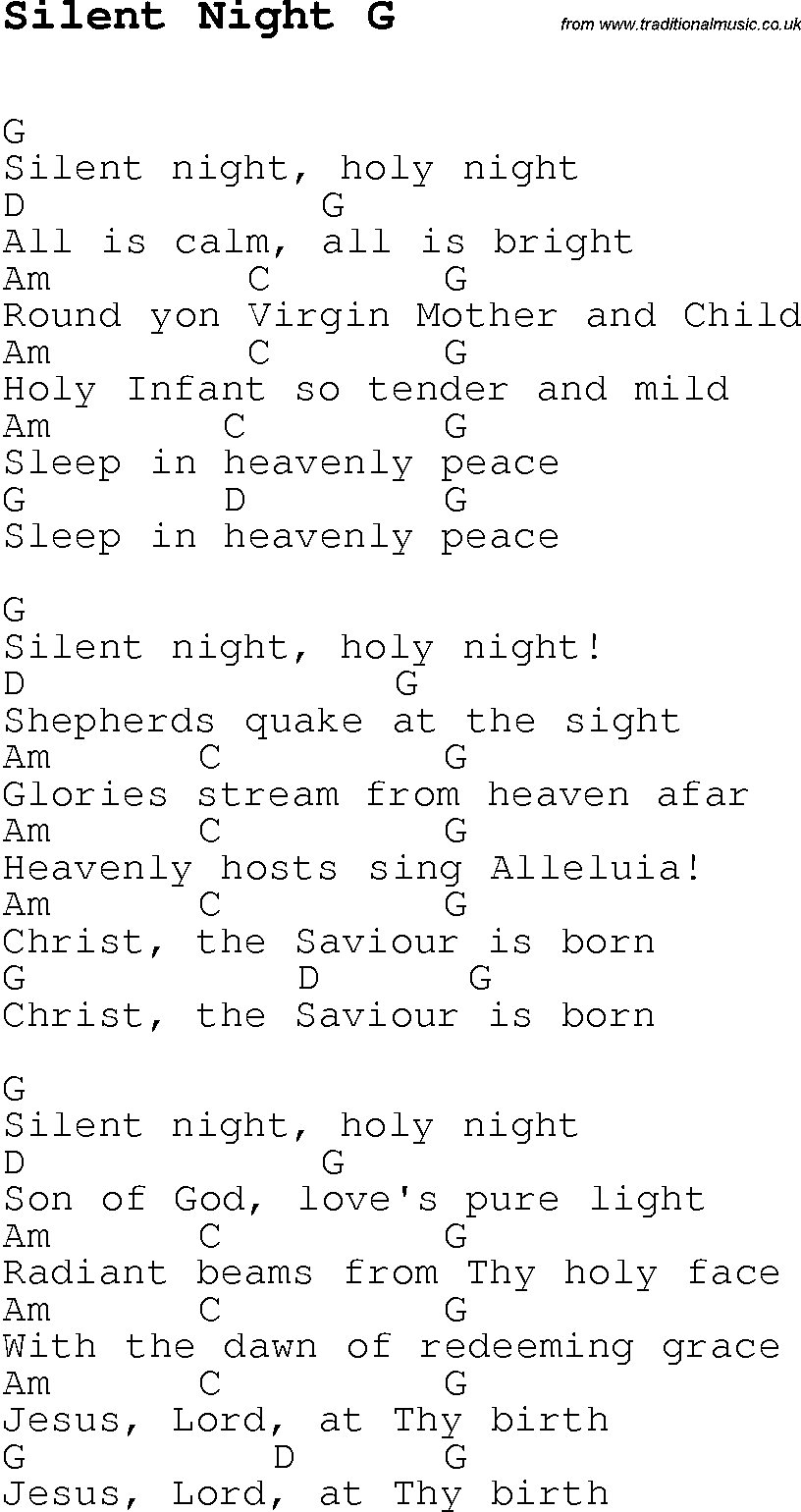Christmas Songs and Carols, lyrics with chords for guitar banjo for Silent Night G