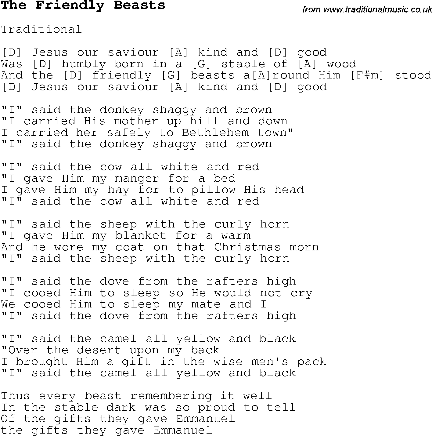 Christmas Songs and Carols, lyrics with chords for guitar banjo for The Friendly Beasts
