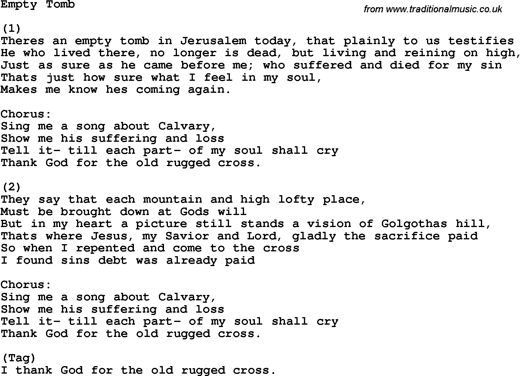 Country, Southern and Bluegrass Gospel Song Empty Tomb lyrics 