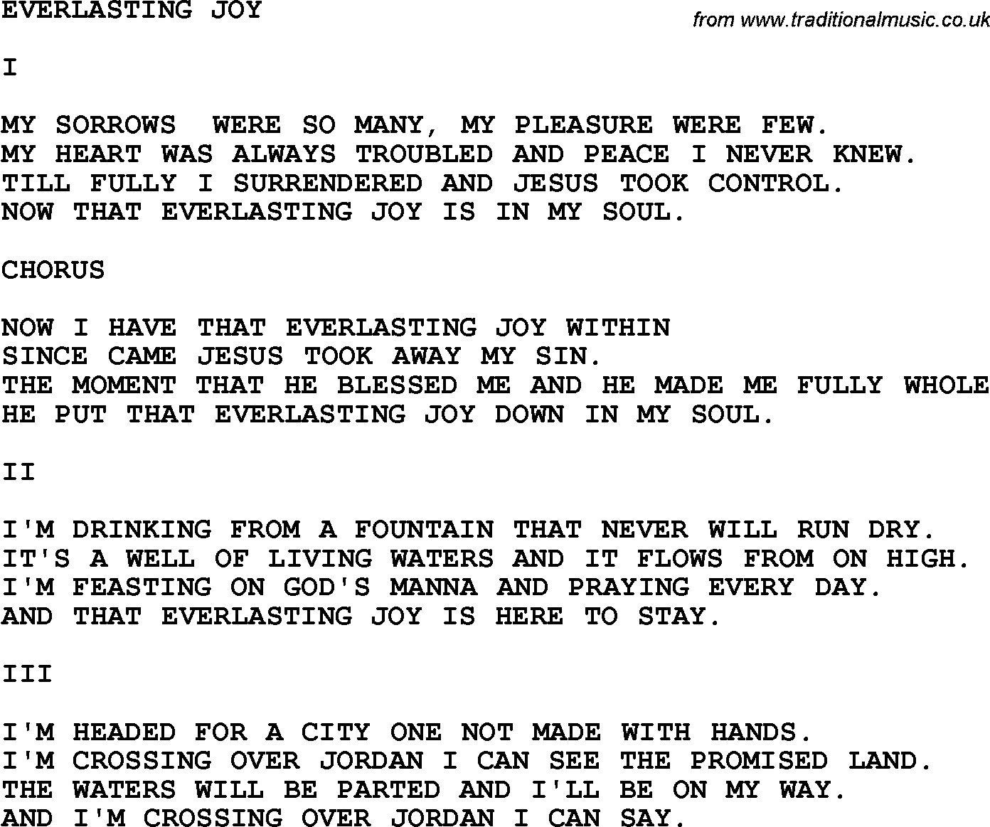 Country, Southern and Bluegrass Gospel Song Everlasting Joy lyrics 