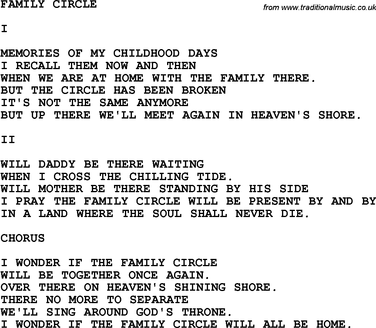 Country, Southern and Bluegrass Gospel Song Family Circle lyrics 