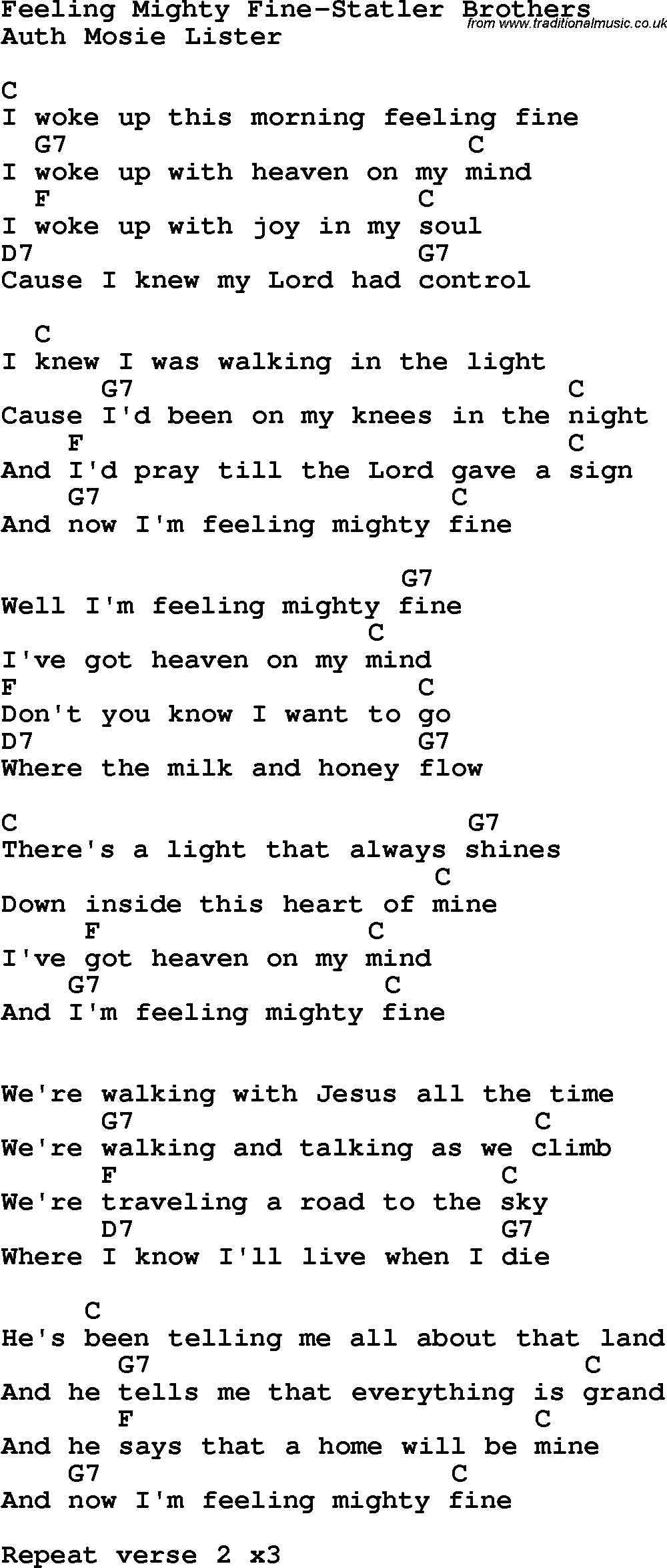 Country, Southern and Bluegrass Gospel Song Feeling Mighty Fine-Statler Brothers lyrics and chords