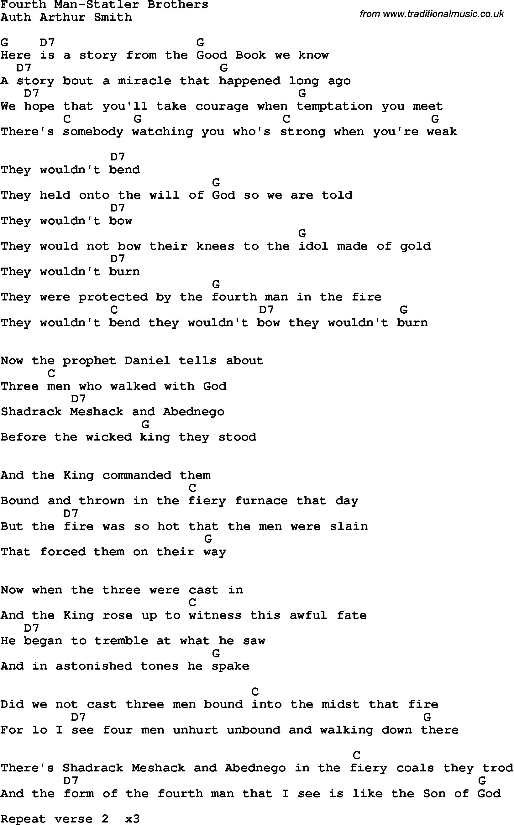 Country, Southern and Bluegrass Gospel Song Fourth Man-Statler Brothers lyrics and chords