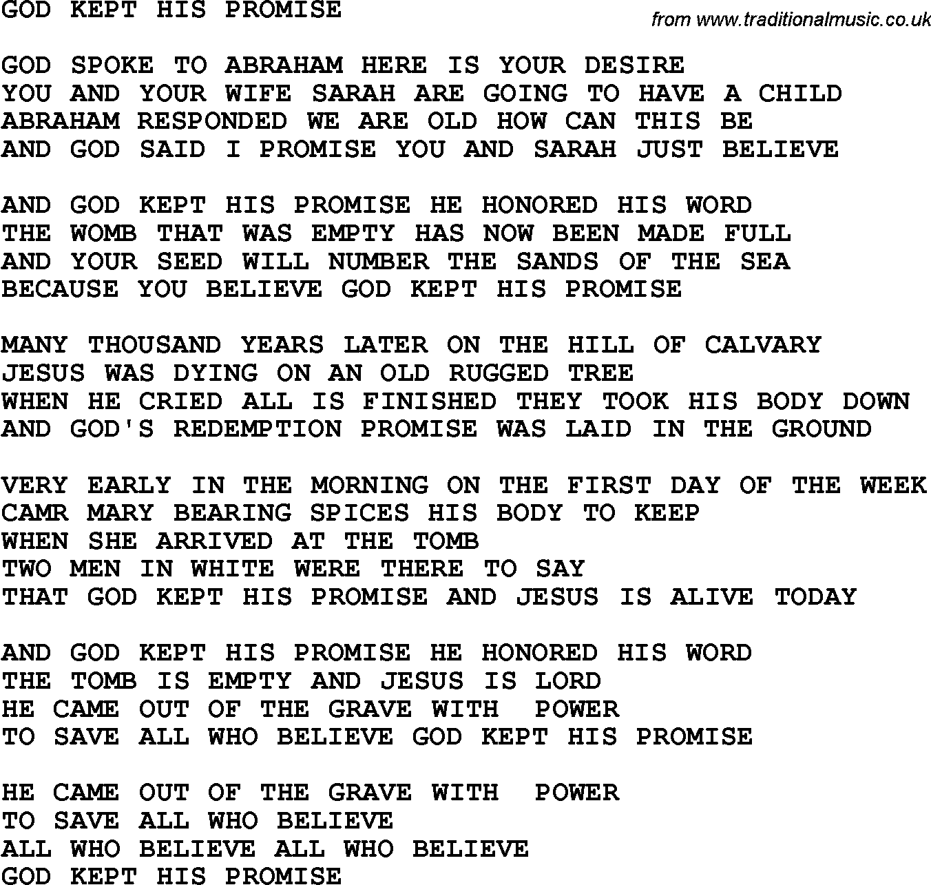 Country, Southern and Bluegrass Gospel Song God Kept His Promise lyrics 