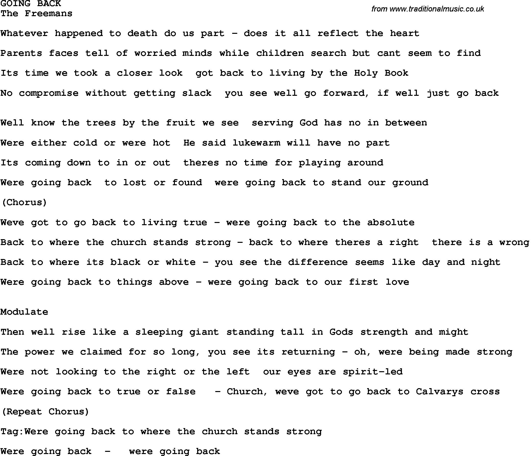 Country, Southern and Bluegrass Gospel Song Going Back lyrics 