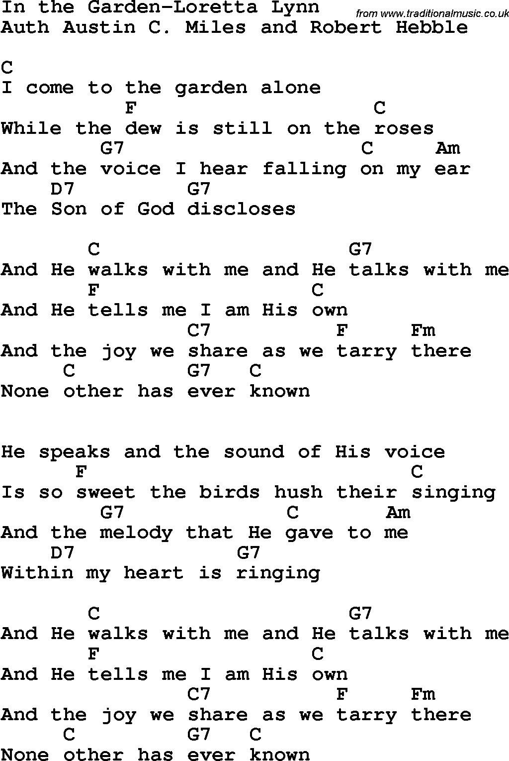 Country, Southern and Bluegrass Gospel Song In the Garden-Loretta Lynn lyrics and chords