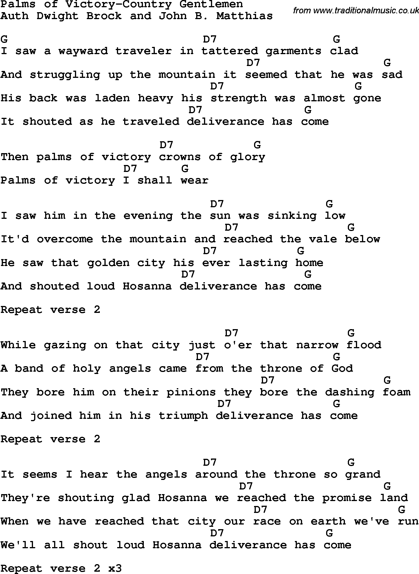 Country, Southern and Bluegrass Gospel Song Palms of Victory-Country Gentlemen lyrics and chords
