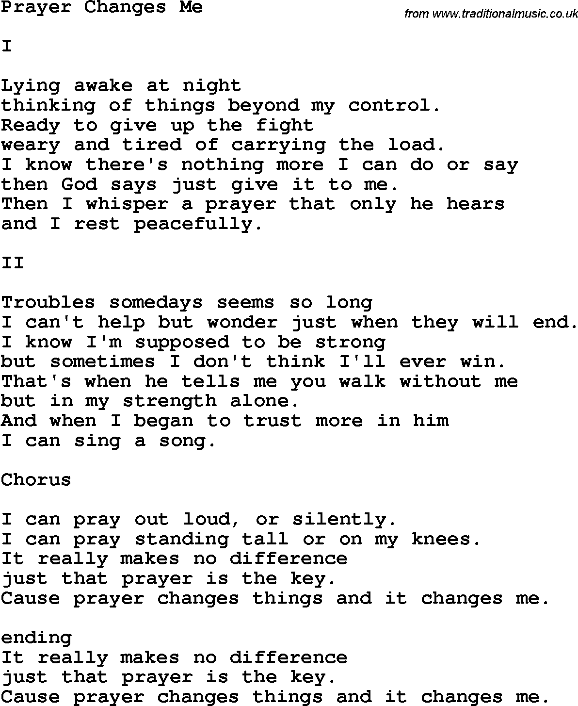 Country, Southern and Bluegrass Gospel Song Prayer Changes Me lyrics 