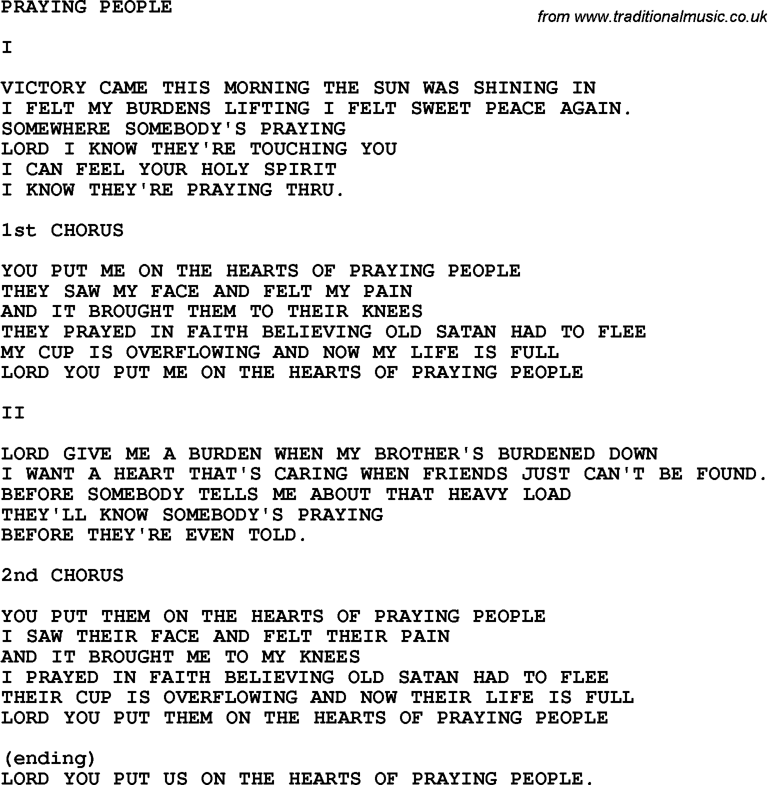 Country, Southern and Bluegrass Gospel Song Praying People lyrics 