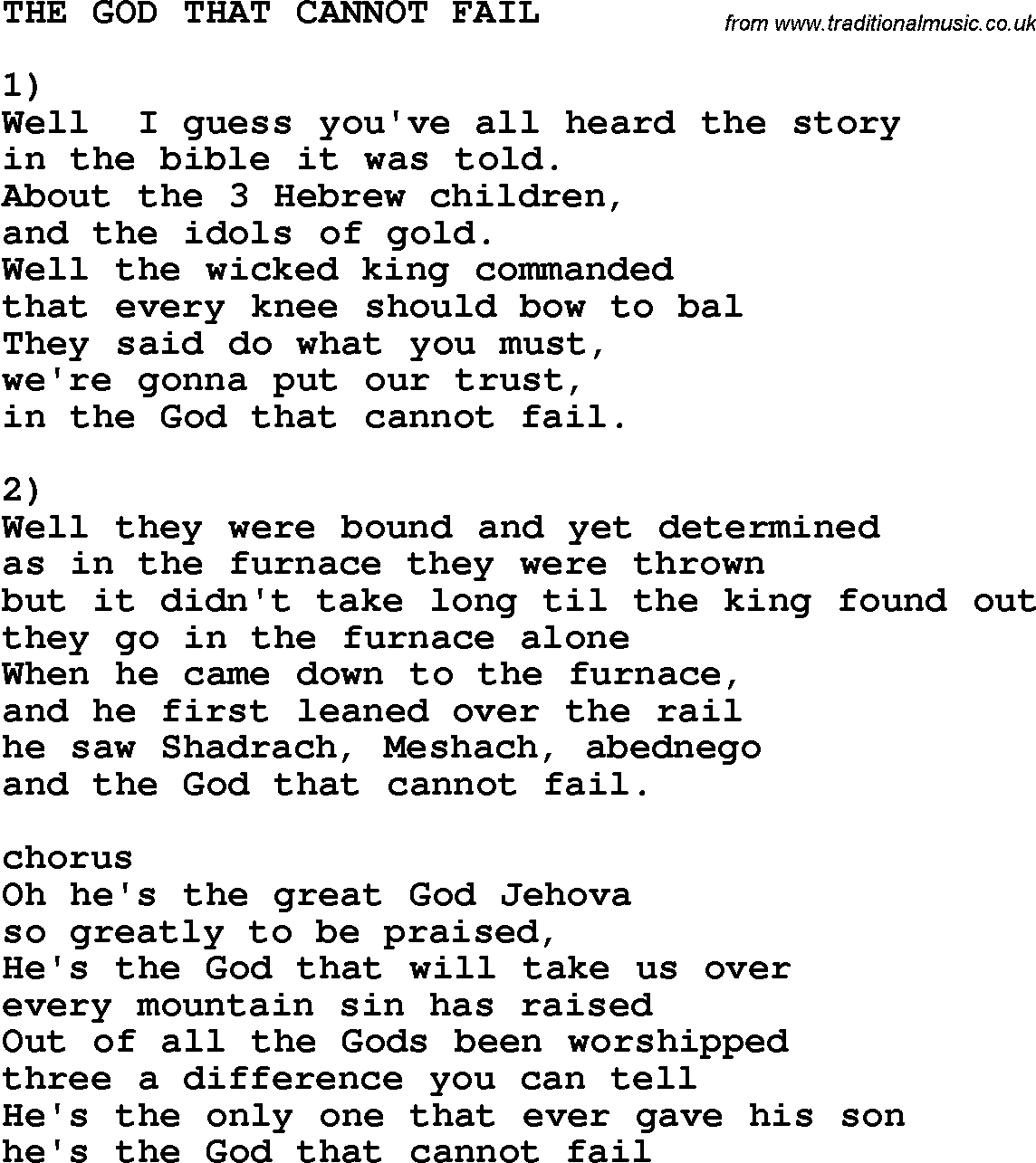 Country, Southern and Bluegrass Gospel Song The God That Cannot Fail lyrics 
