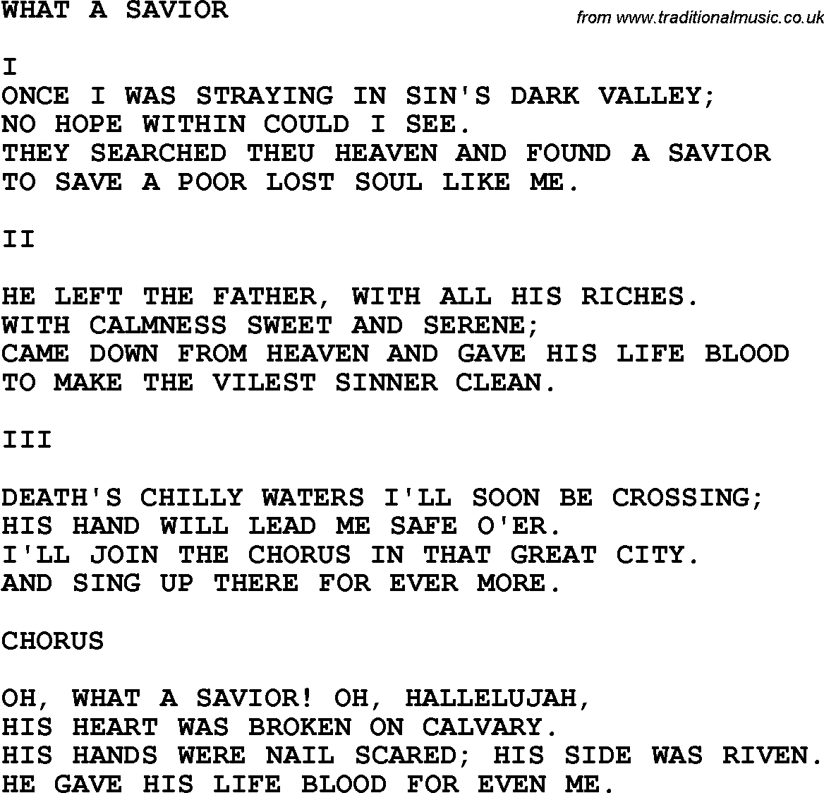 Country, Southern and Bluegrass Gospel Song What A Savior lyrics 