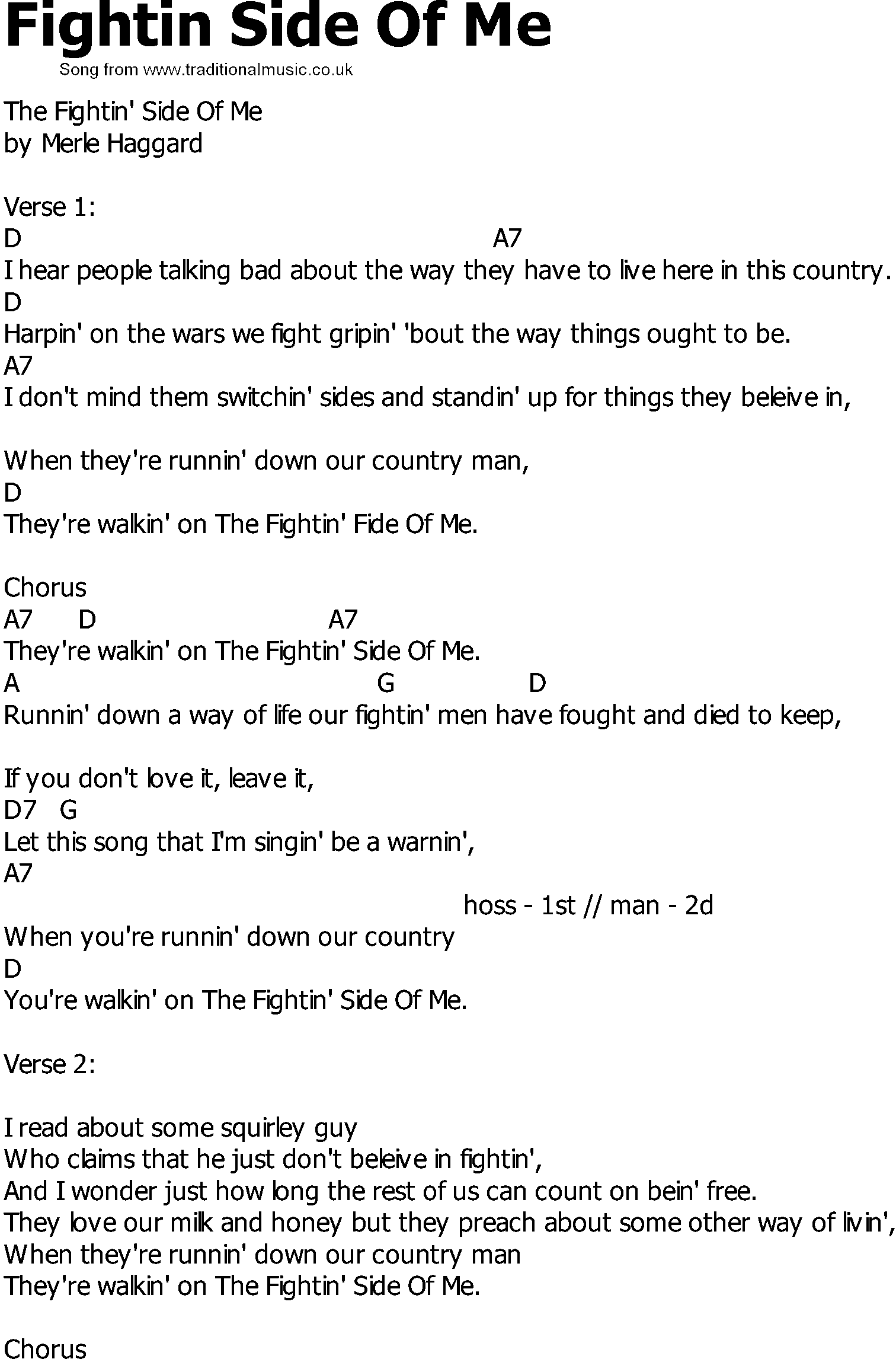 Old Country song lyrics with chords - Fightin Side Of Me