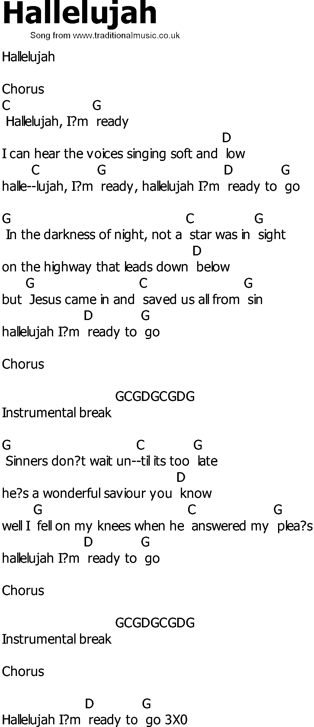 Old Country song lyrics with chords - Hallelujah