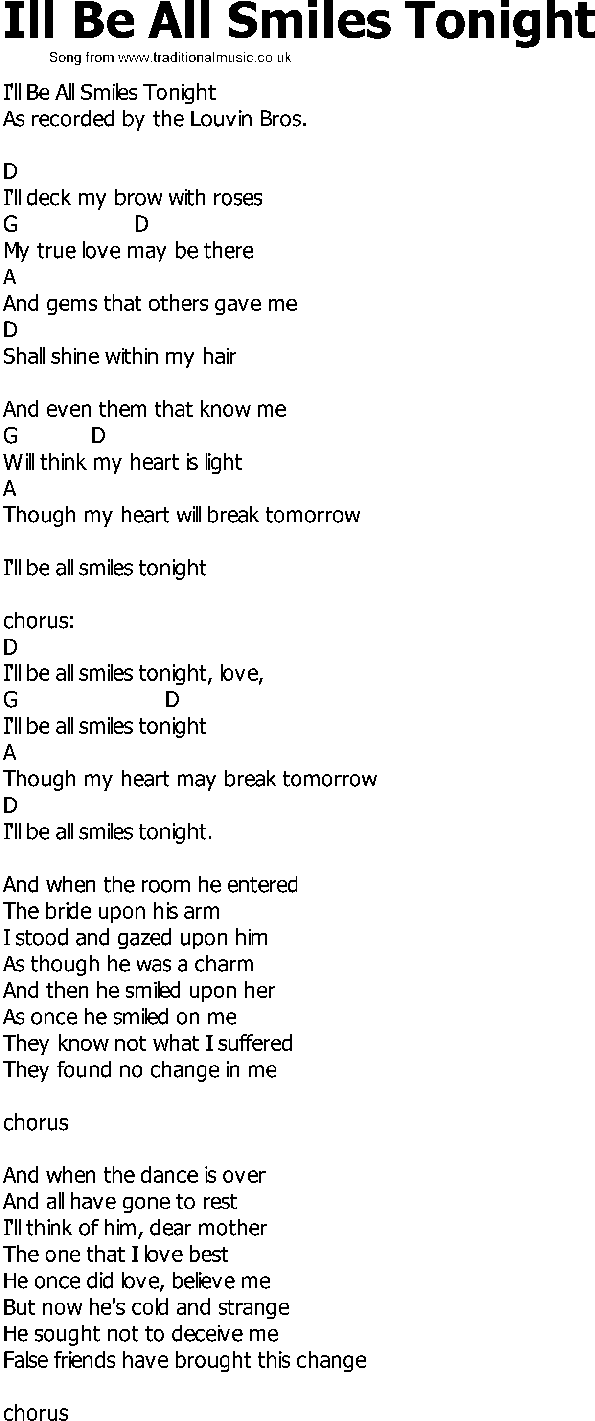 Old Country song lyrics with chords - Ill Be All Smiles Tonight