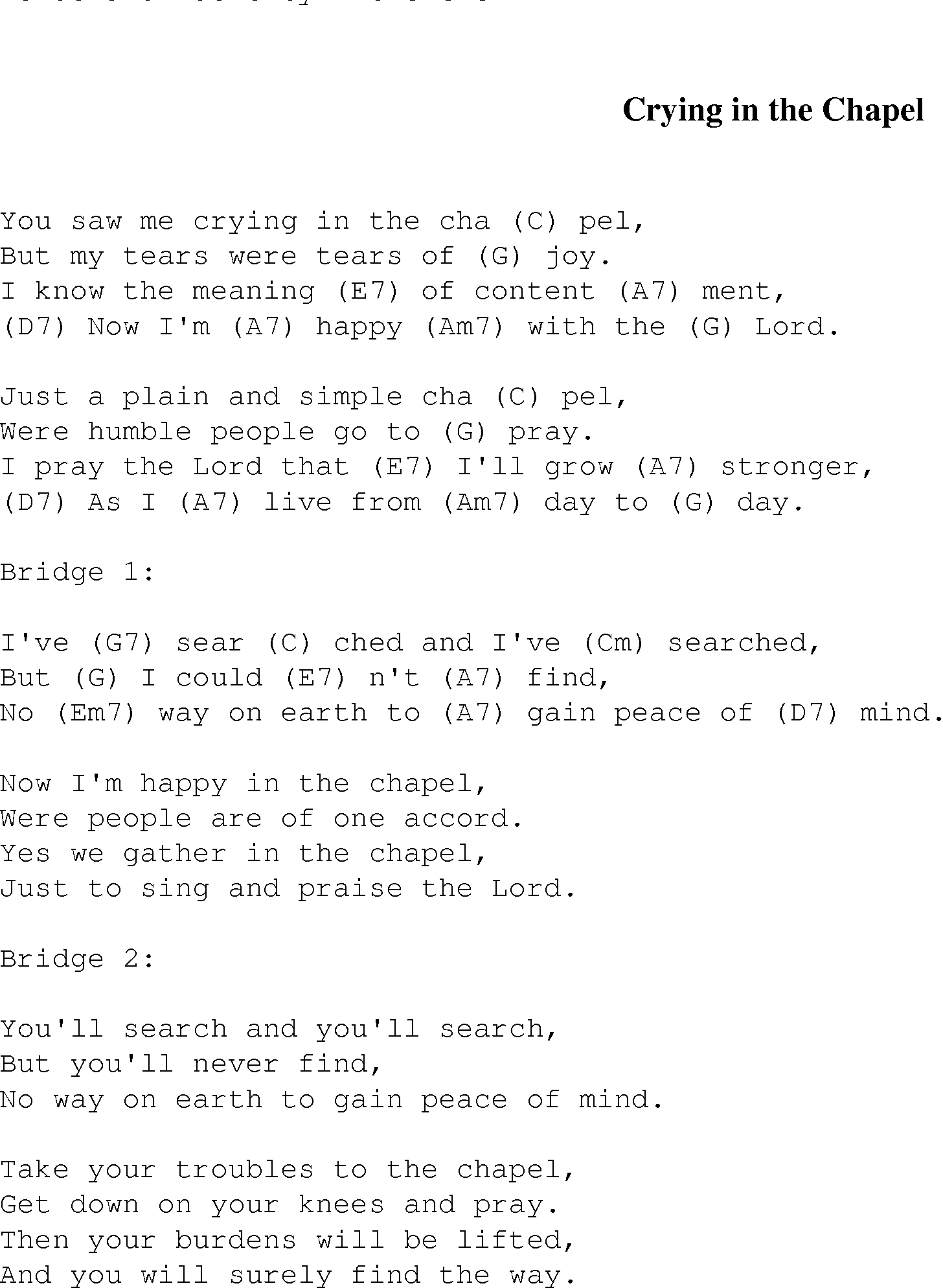 Gospel Song: Crying_in_the_Chapel, lyrics and chords.