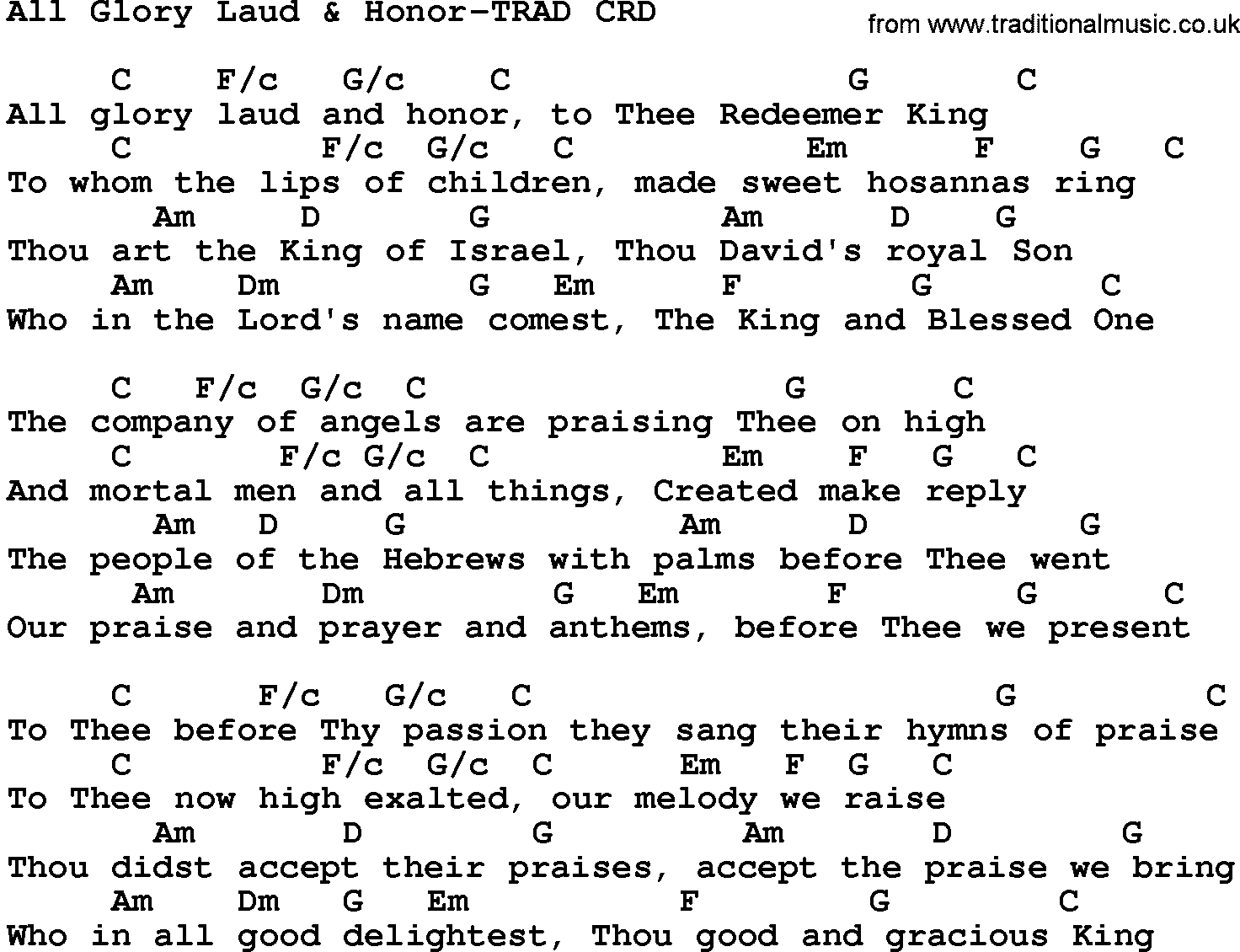 Gospel Song: All Glory Laud & Honor-Trad, lyrics and chords.