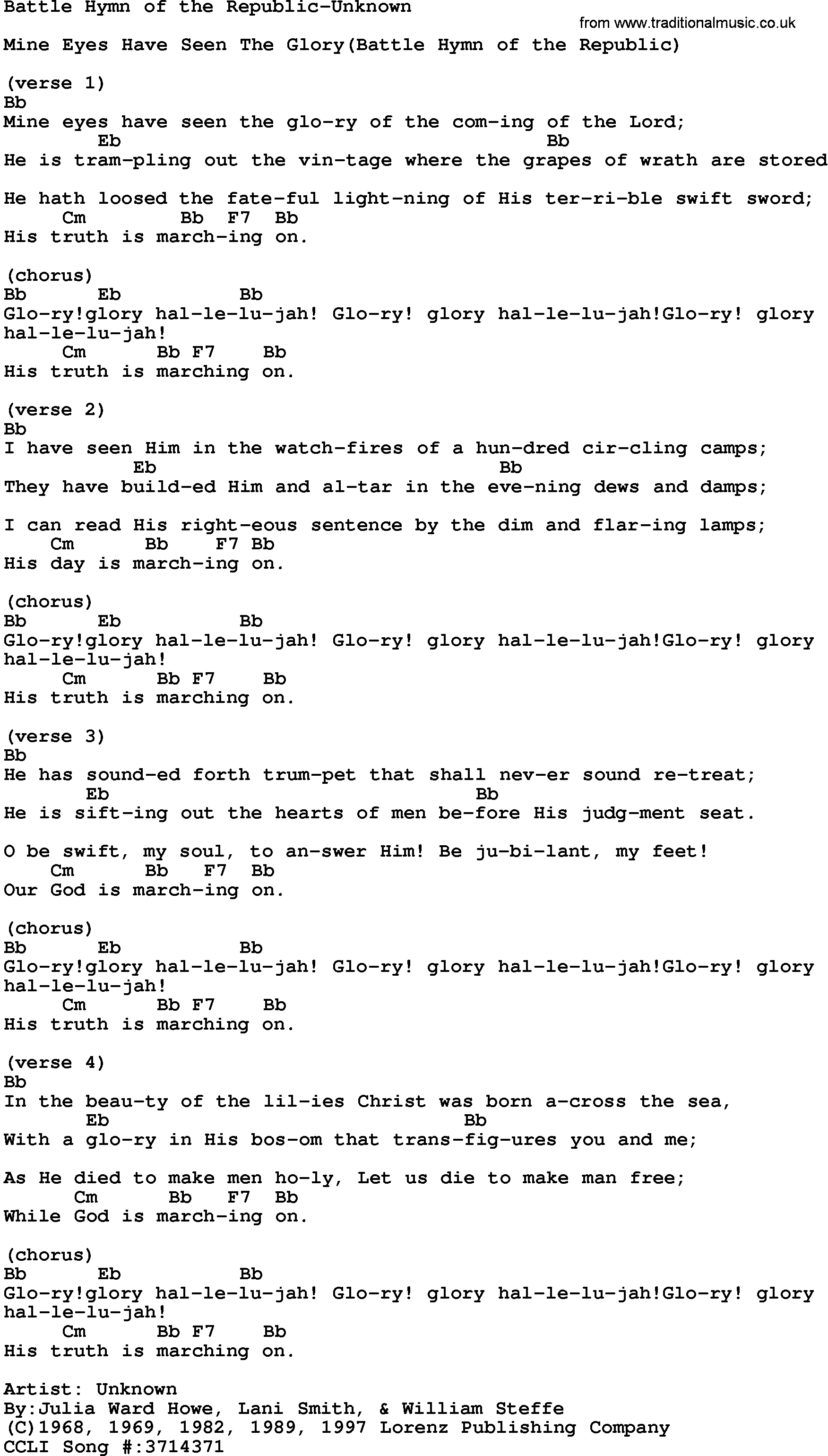 Gospel Song: Battle Hymn Of The Republic-Unknown, lyrics and chords.