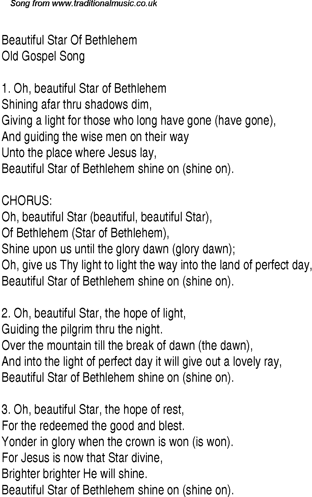 Gospel Song: beautiful-star-of-bethlehem, lyrics and chords.