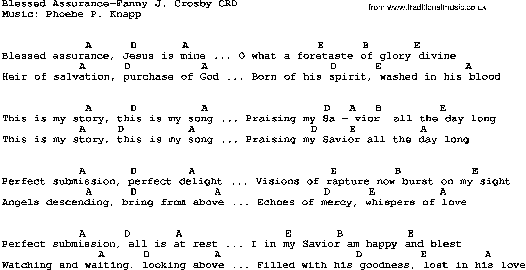 Gospel Song: Blessed Assurance-Fanny J Crosby, lyrics and chords.