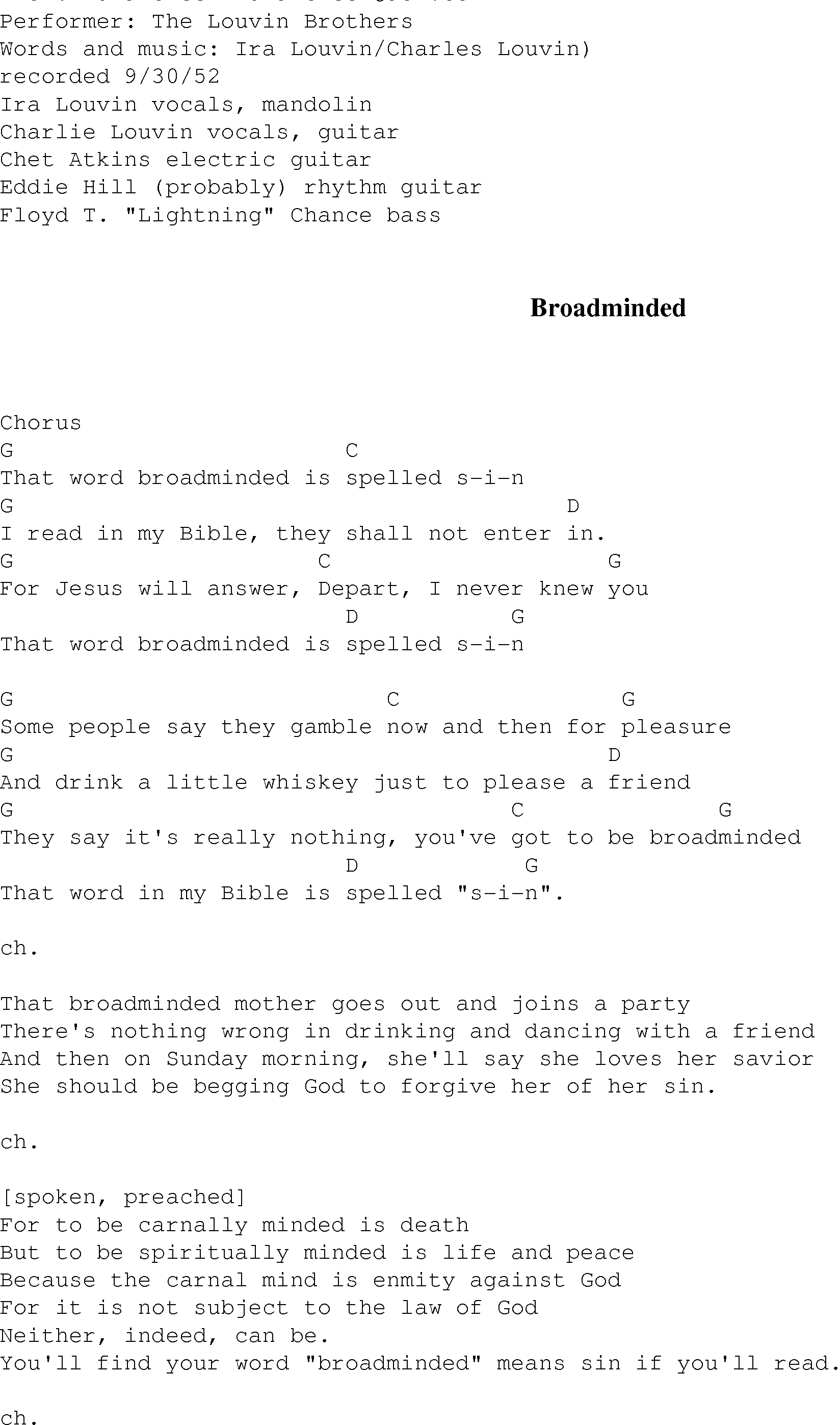 Gospel Song: broadminded, lyrics and chords.