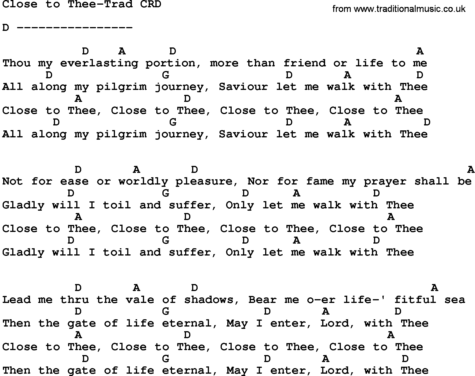 Gospel Song: Close To Thee-Trad, lyrics and chords.