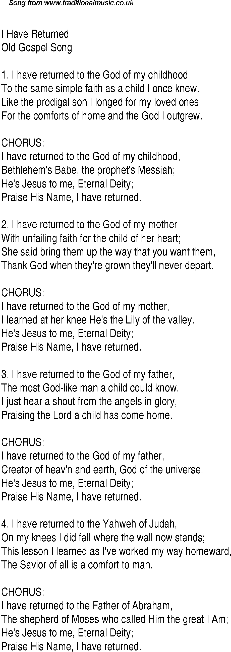 Gospel Song: i-have-returned, lyrics and chords.