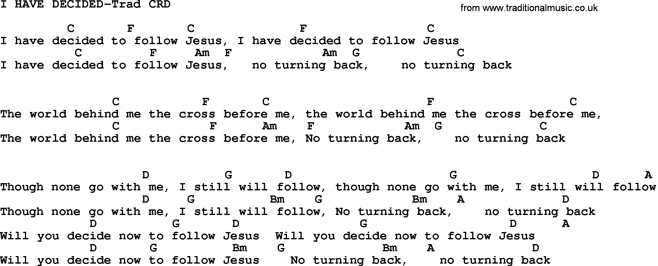Gospel Song: I Have Decided-Trad, lyrics and chords.