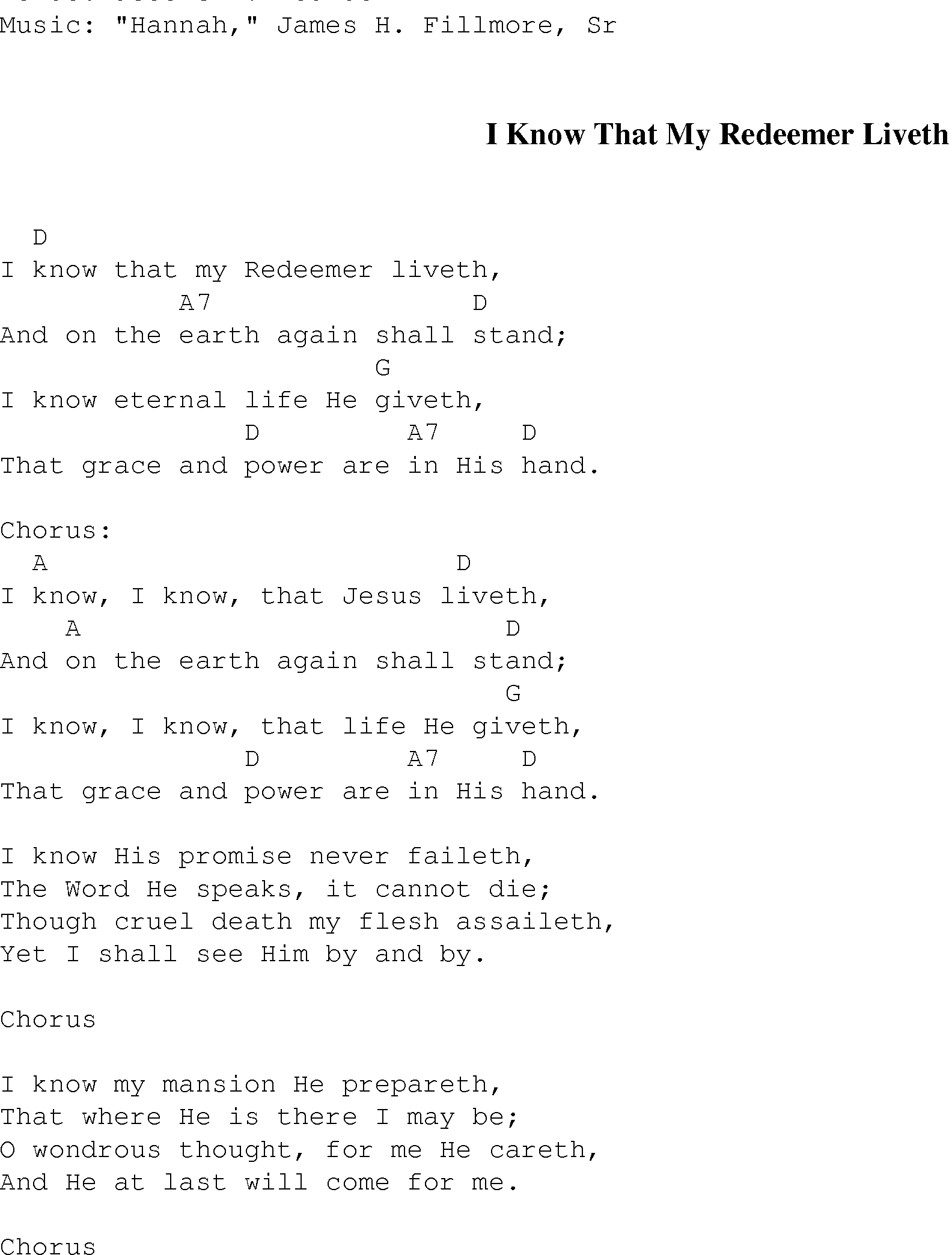 Gospel Song: i_know_that_my_redeemer_liveth, lyrics and chords.