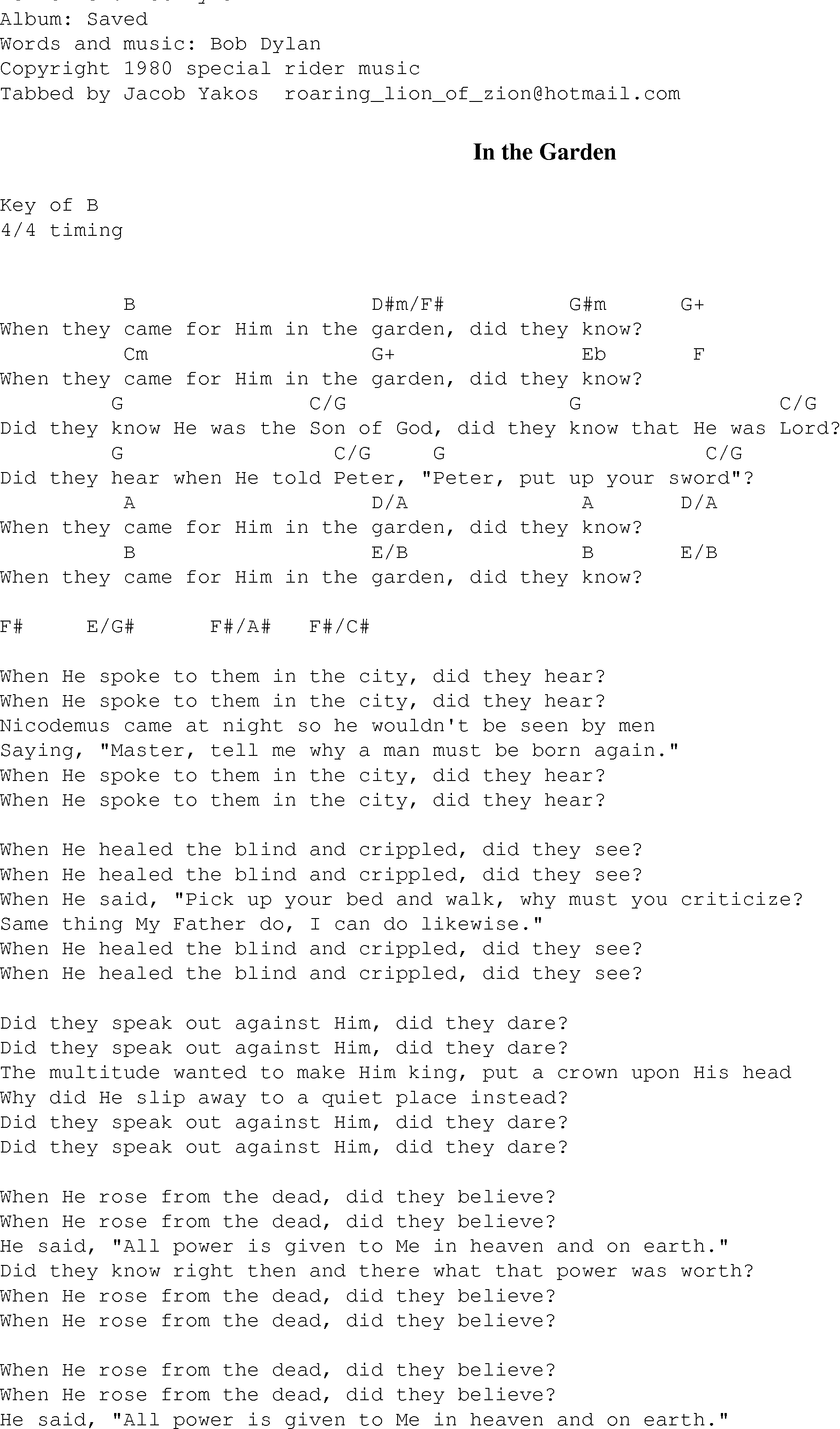Gospel Song: in_the_garden_dylan, lyrics and chords.
