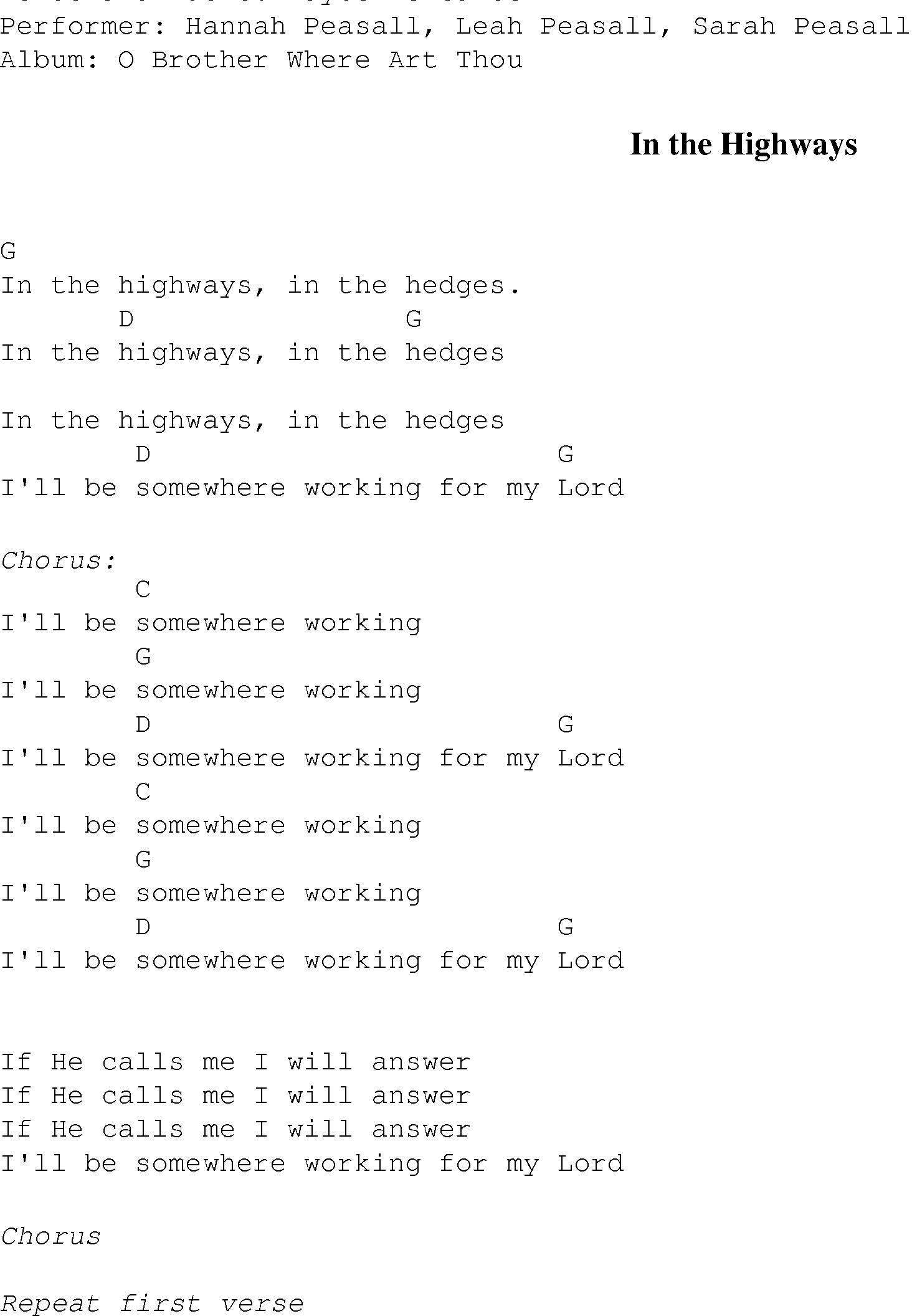 Gospel Song: in_the_highways, lyrics and chords.
