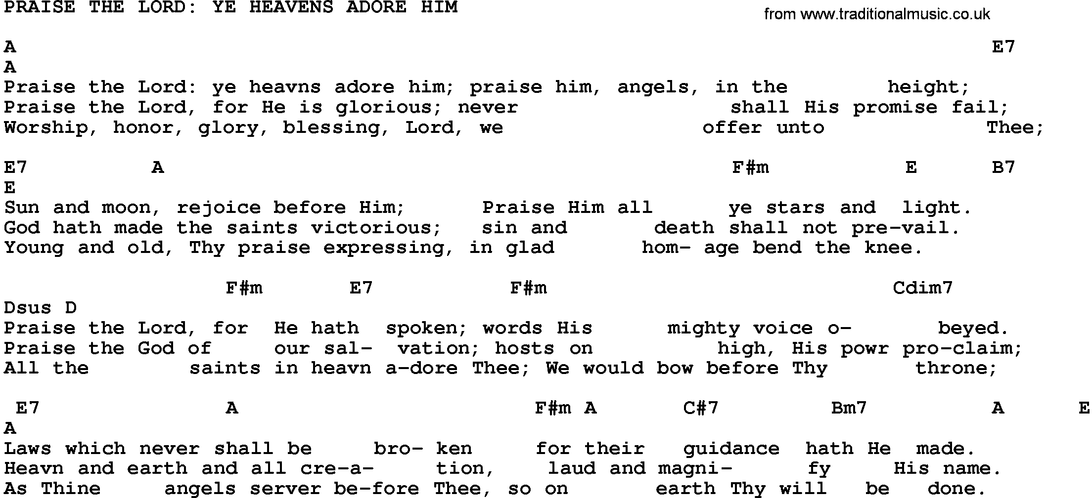 Gospel Song: Praise The Lord Ye Heavens Adore Him-Trad, lyrics and chords.