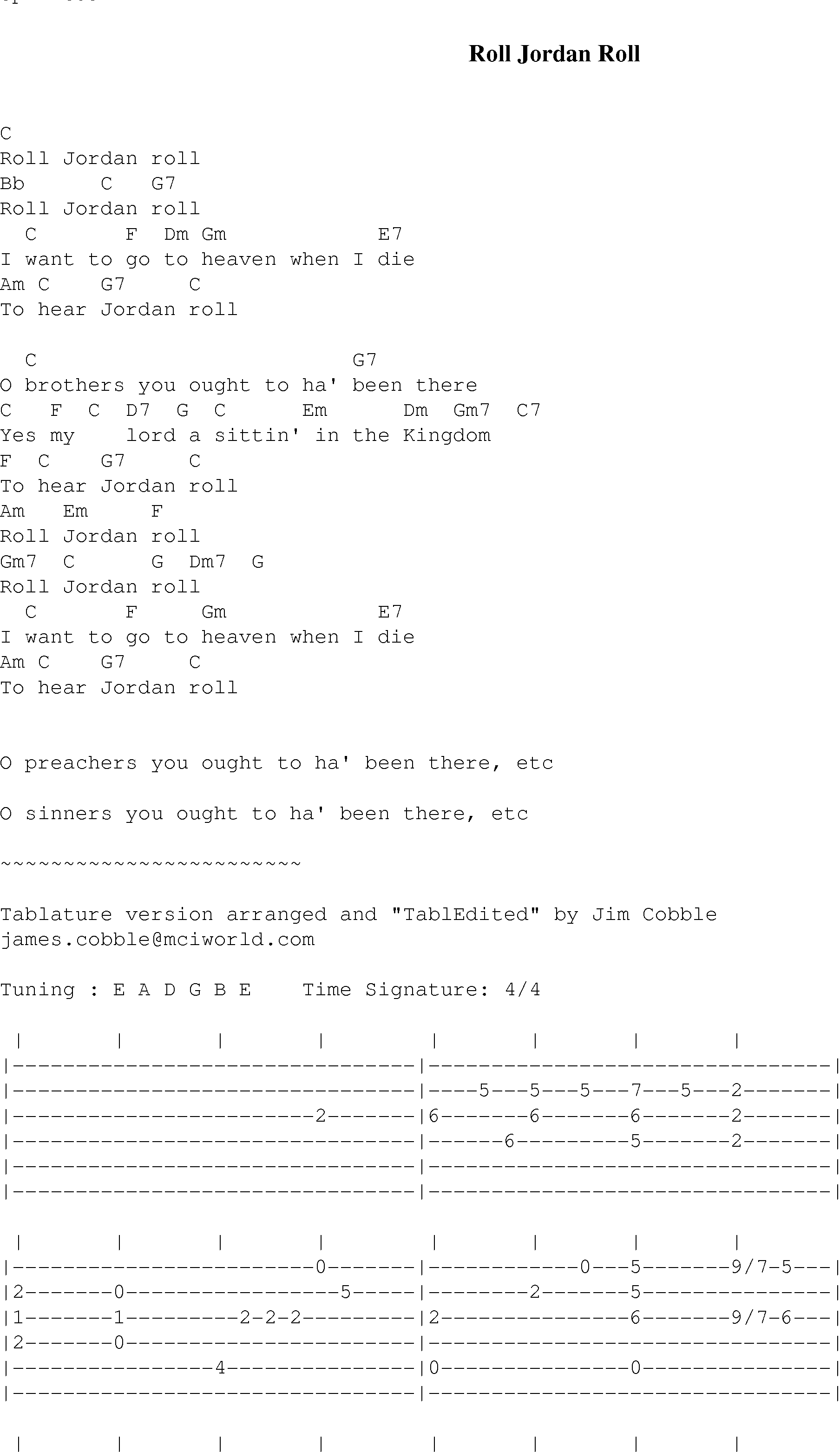 Gospel Song: roll_jordan_roll_tab, lyrics and chords.
