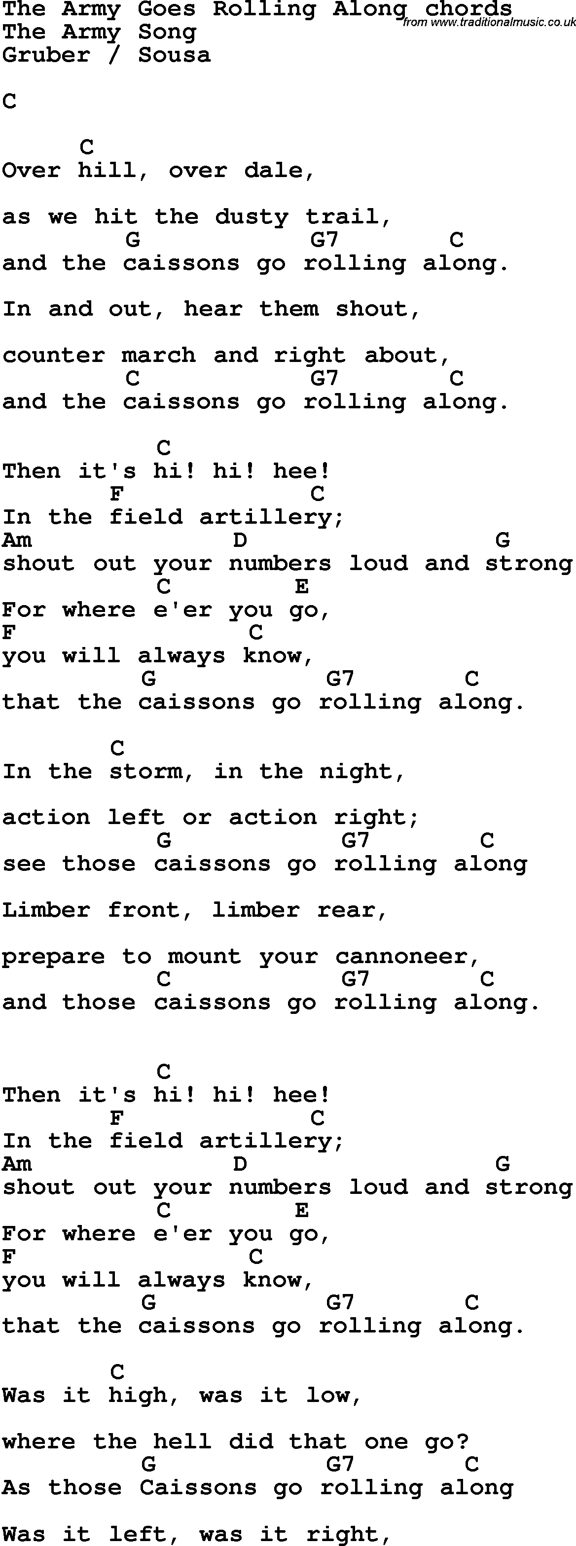 Song Lyrics with guitar chords for The Army Goes Rolling Along