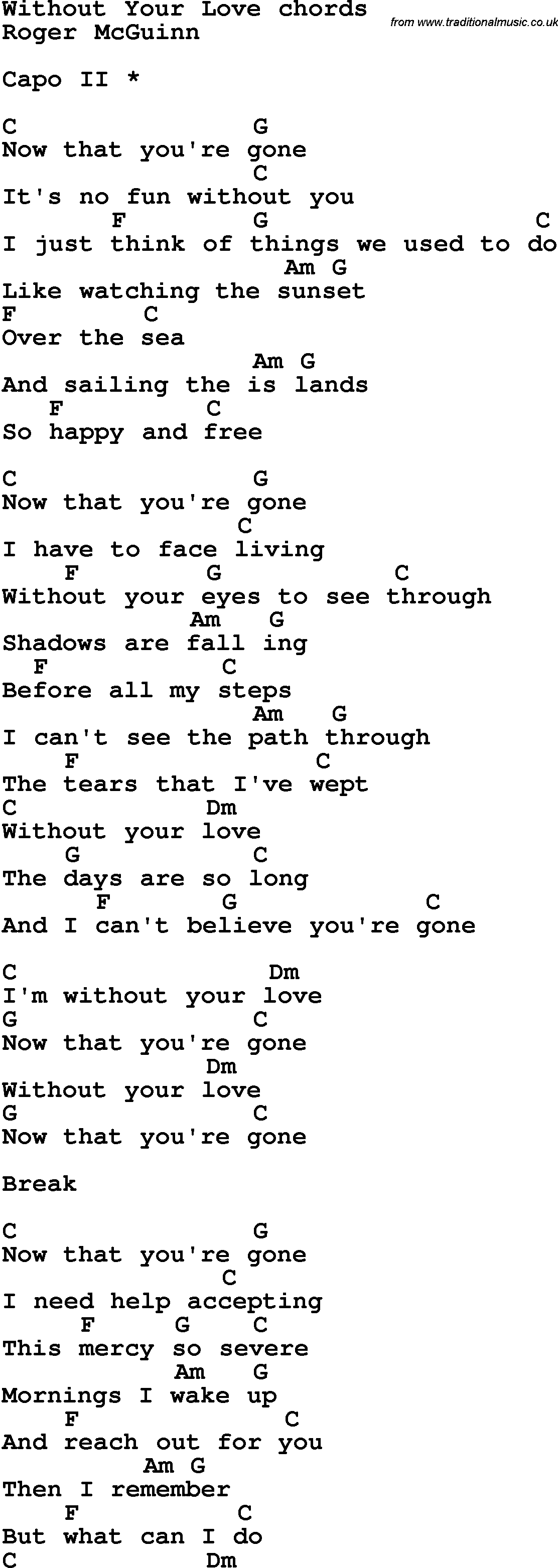 Song Lyrics with guitar chords for Without Your Love