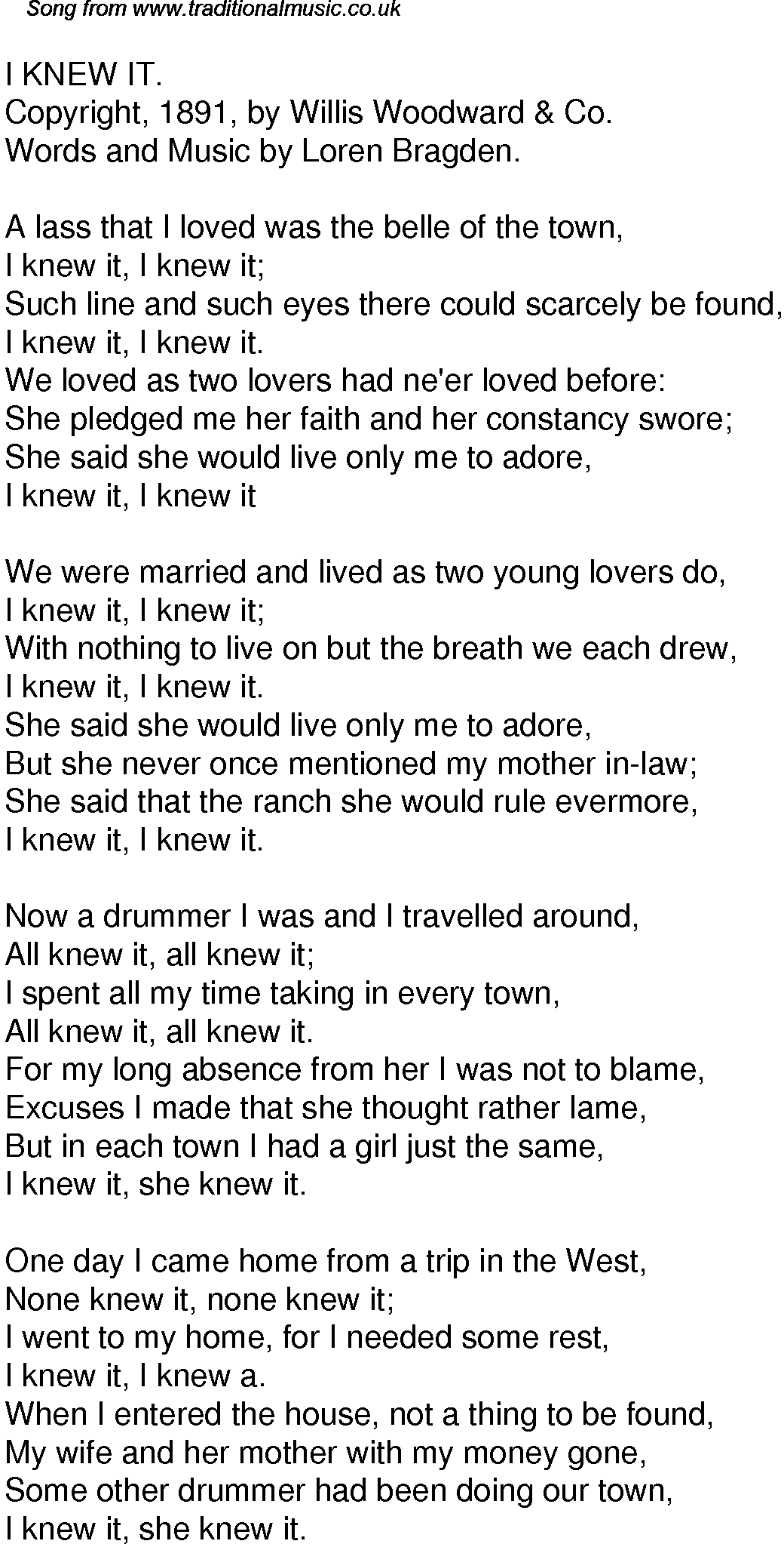 Old Time Song Lyrics for 32 I Knew It